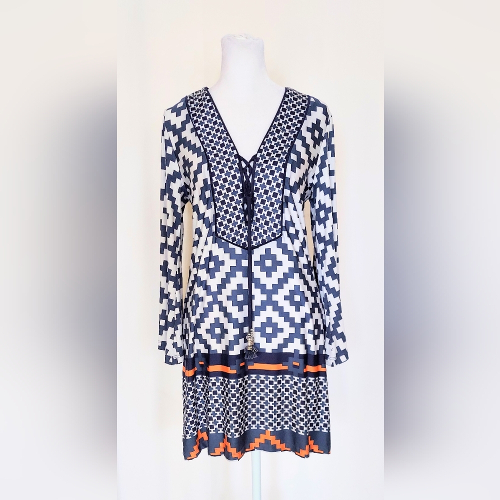 Analili Abstract Pattern Tie Neck Tunic Dress Blue White Size XS